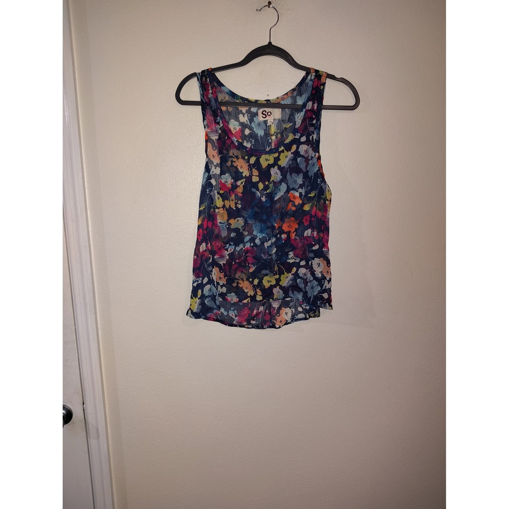 SO Womens Floral Tank Top Navy Blue Multi Color Sheer Sleeveless Blouse Medium